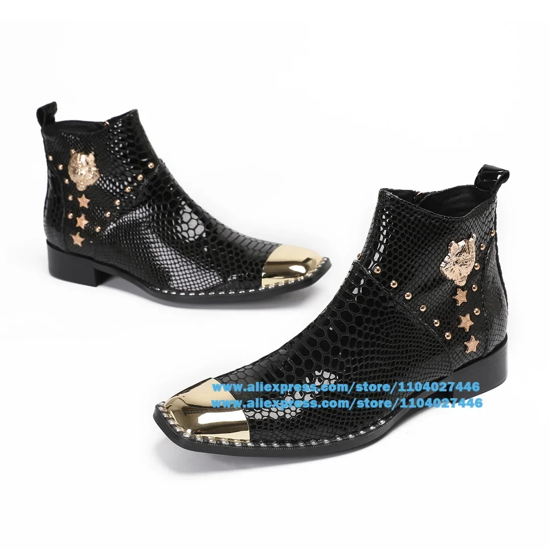 

Metallic Toe Men's Boots Metal Decoration Side Zipper Black Leather High-Top Booties British Luxury Handmade Trend Men Botas