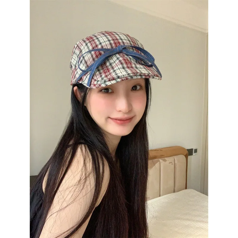 Sweet Rippling~Bow Lace-up Plaid Advance Hats Women's Sweet Summer Thin Fashionable Anti-Wear Beret Trendy