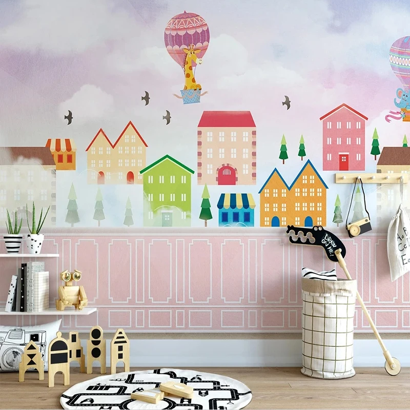 Custom Photo Wallpaper Pink Hot Air Balloon House White Clouds Murals Living Room Children's Bedroom Backdrop Decor Wall Cloth