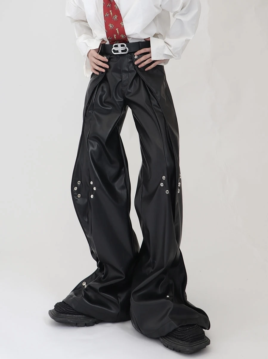 

2024Luxury men“S plus size Pu Leather Wide Leg Pants Rivet Motorcycle Black Men's pants Trouser