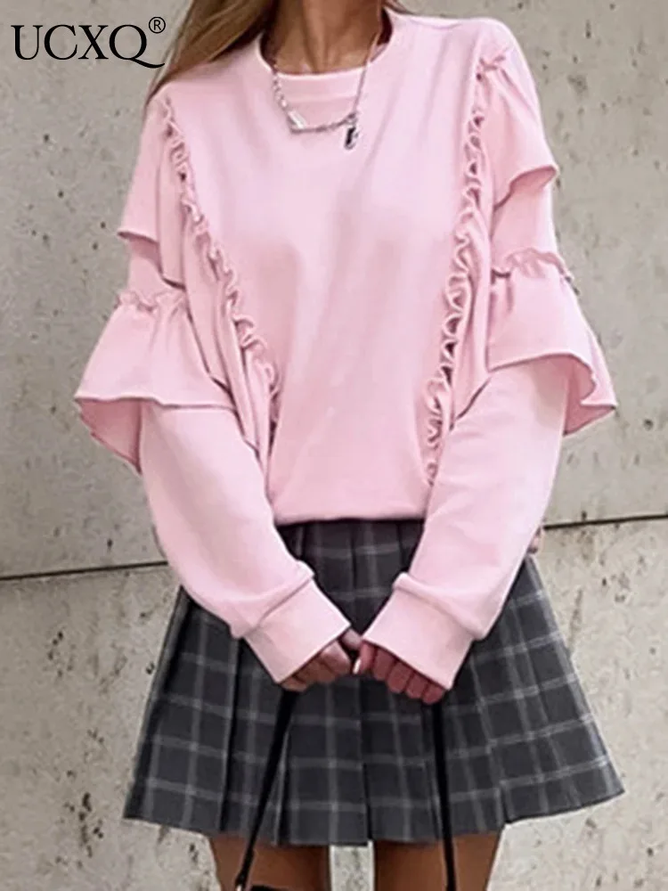 UCXQ Pink Women's Top European Style All Match O Neck Flounced Edge Casual Long Sleeve Sweatshirt For Female 2025 Spring New