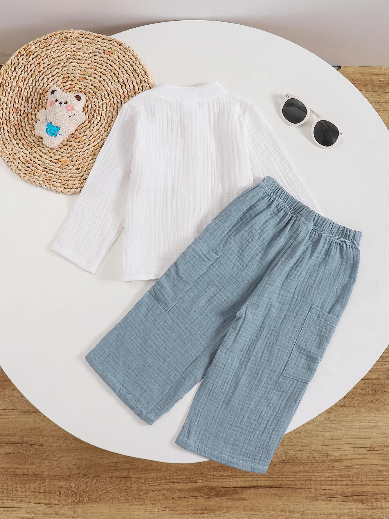 Baby Boy Outfit with Bear Pattern Long Sleeve Shirt And Wide Leg Pants Casual Comfortable Set for Autumn Winter Outdoor Wear