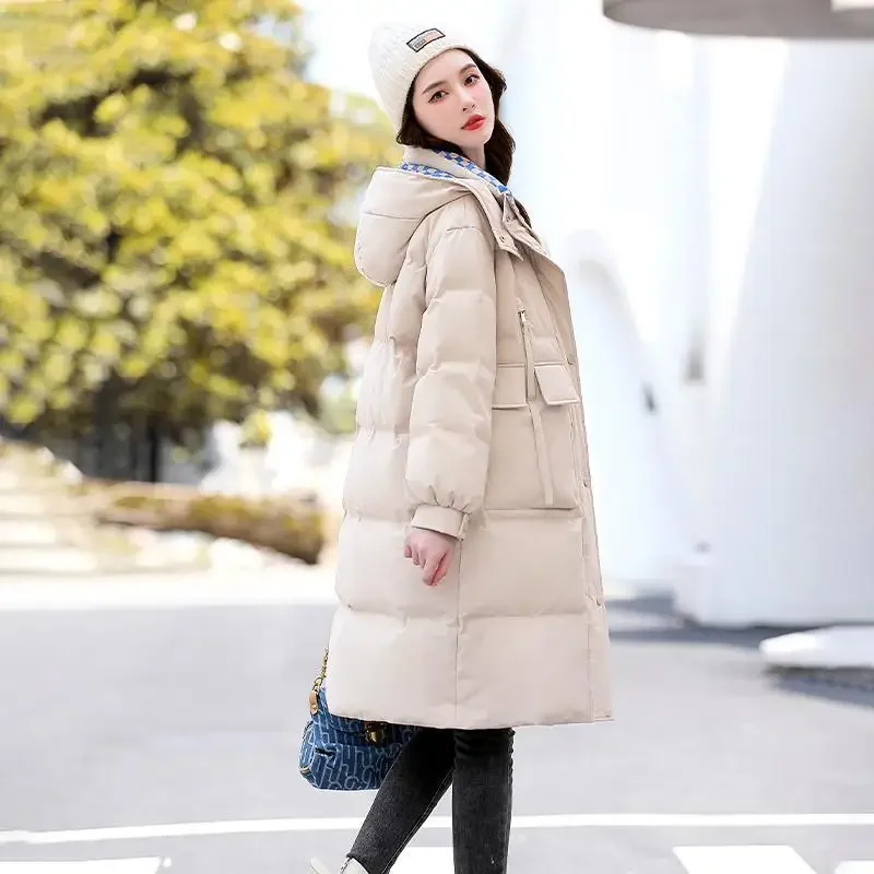 Winter nieuwe gewatteerde donsjas dames halflange capuchon kleurcombinatie casual mode dikke losse jas damesjassen