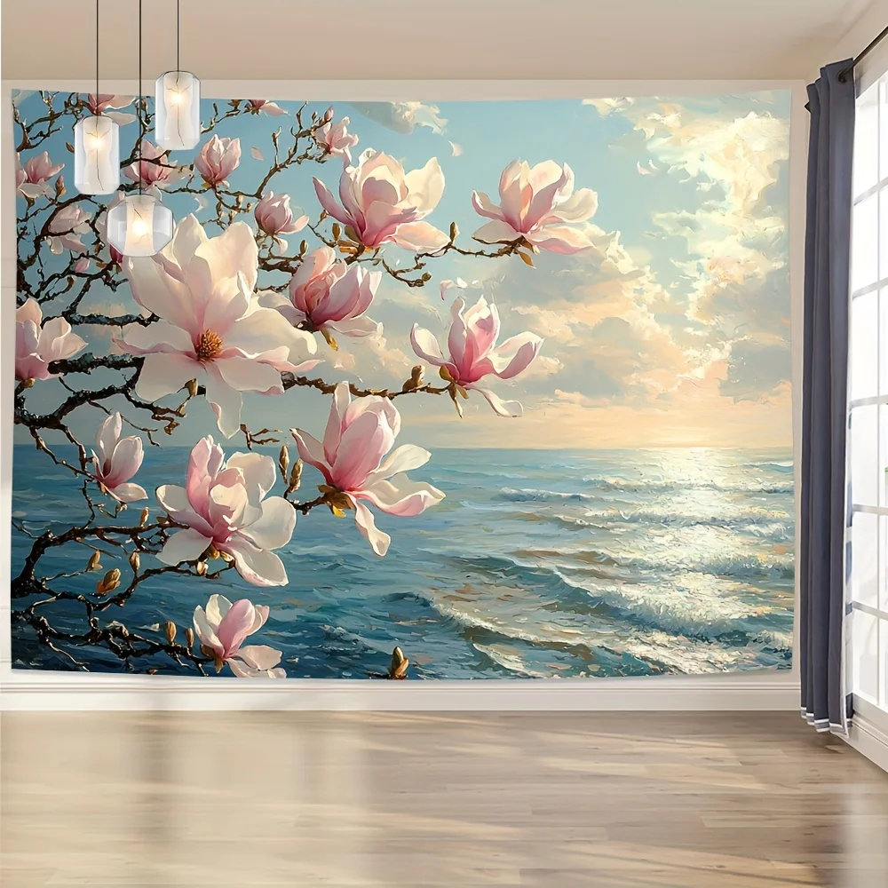 Tapisserie d'arbre Magnolia en fleurs de plage tranquilique, tissu en Polyester, lavable en Machine, adaptée à la chambre à coucher et au salon, 1 pièce