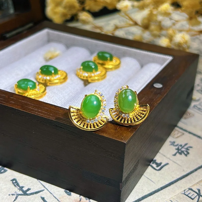 New Chinese-style pure silver natural Hetian jade umbrella- egg-shaped gold-plated women's earrings, light luxury fashion