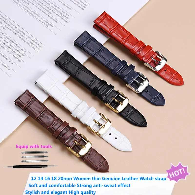 ل ل لونجين سواروفسكي غوتشي تيسو 12 14 16 18 مللي متر النساء أحمر أبيض أزرق أسود جلد طبيعي حزام الساعات رقيقة الأدمة حزام ساعة اليد