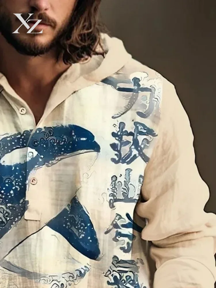 Men's 2025 Autumn Renaissance Hoodie Shirt Long Sleeve Japanese Whale Print Hooded Collar Oversized Tops