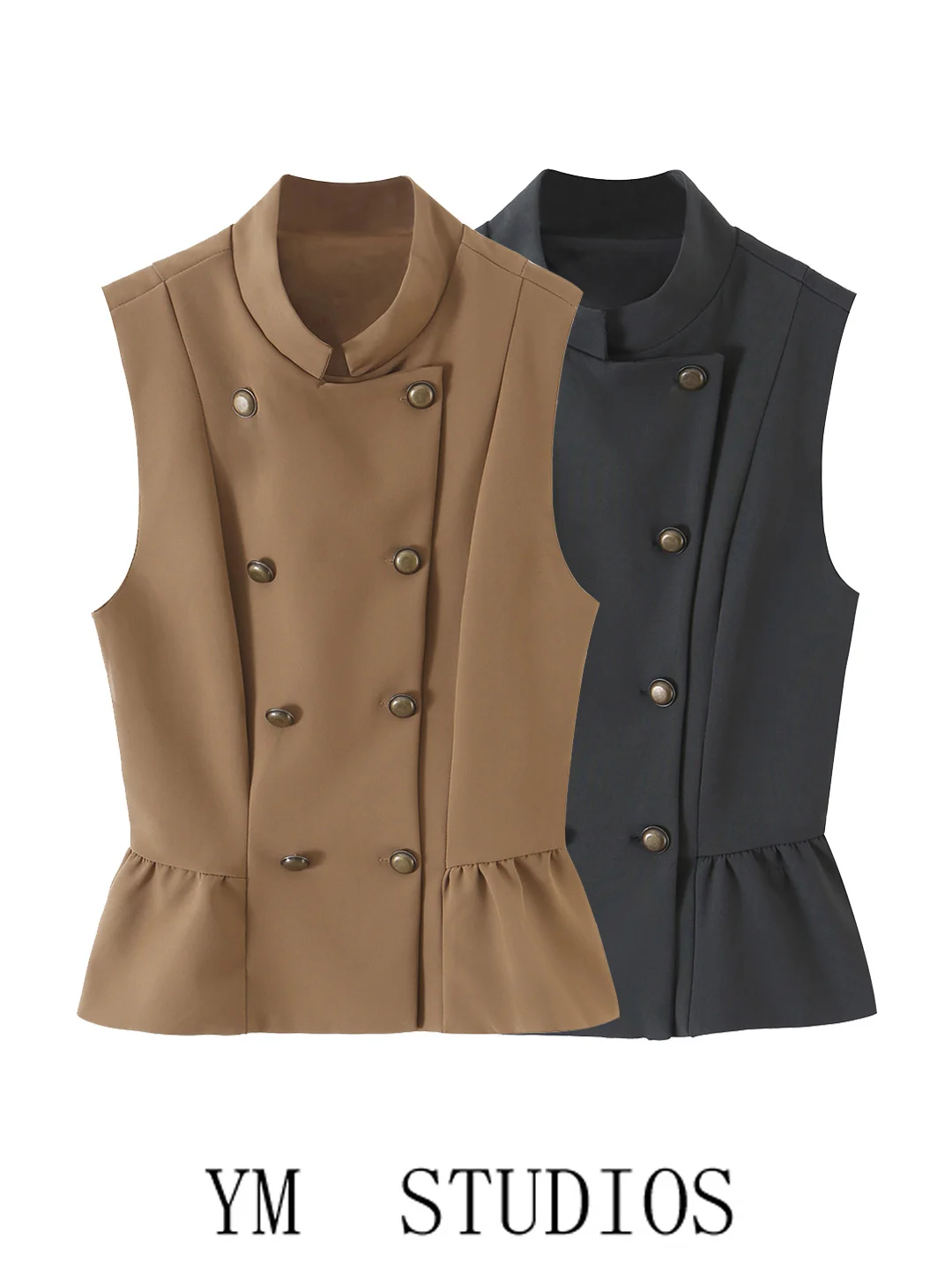Women's Short Vest Skirt Set Nine Points Waist Cinched Sleeveless Stand Collar Double Button Polyester Fiber Outerwear