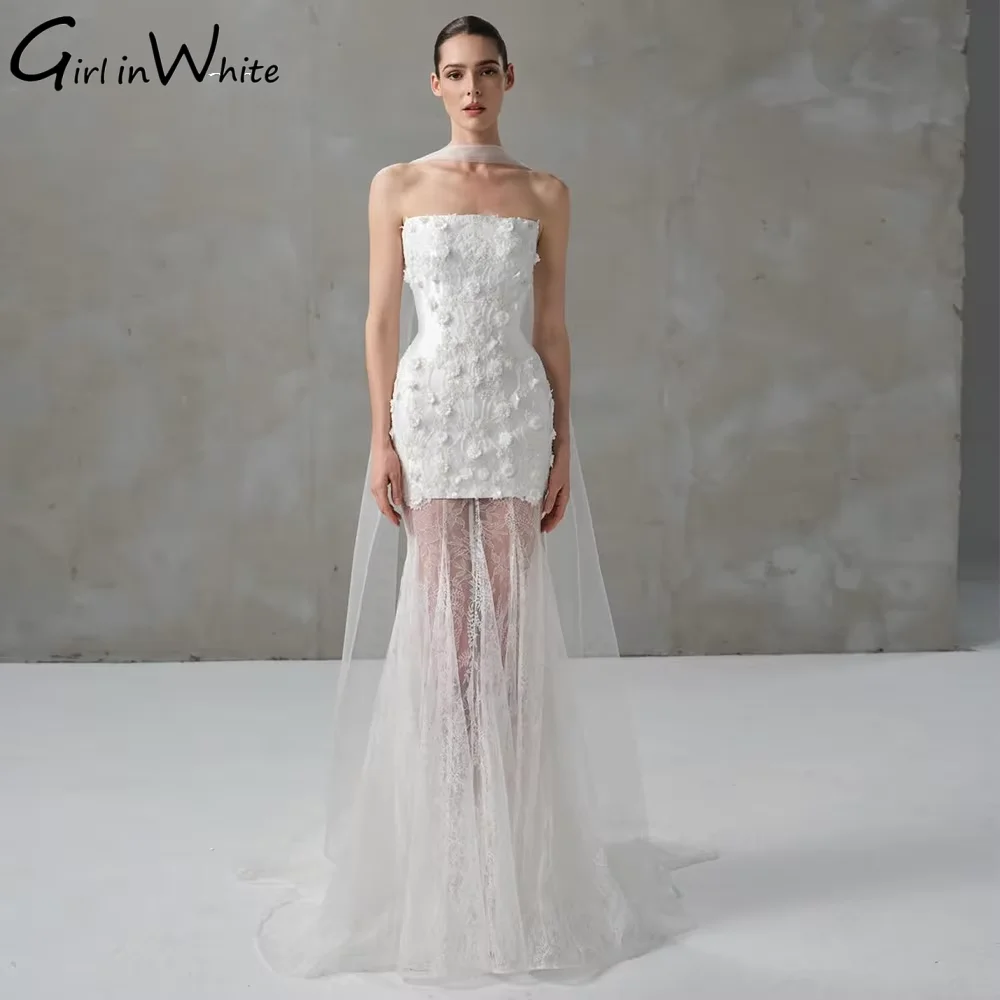 Elegant Lace Mermaid Tulle Wedding Dress Strapless with Scarf 3D Flowers Bride Dress Sleeveless Robe De Mariée Customized