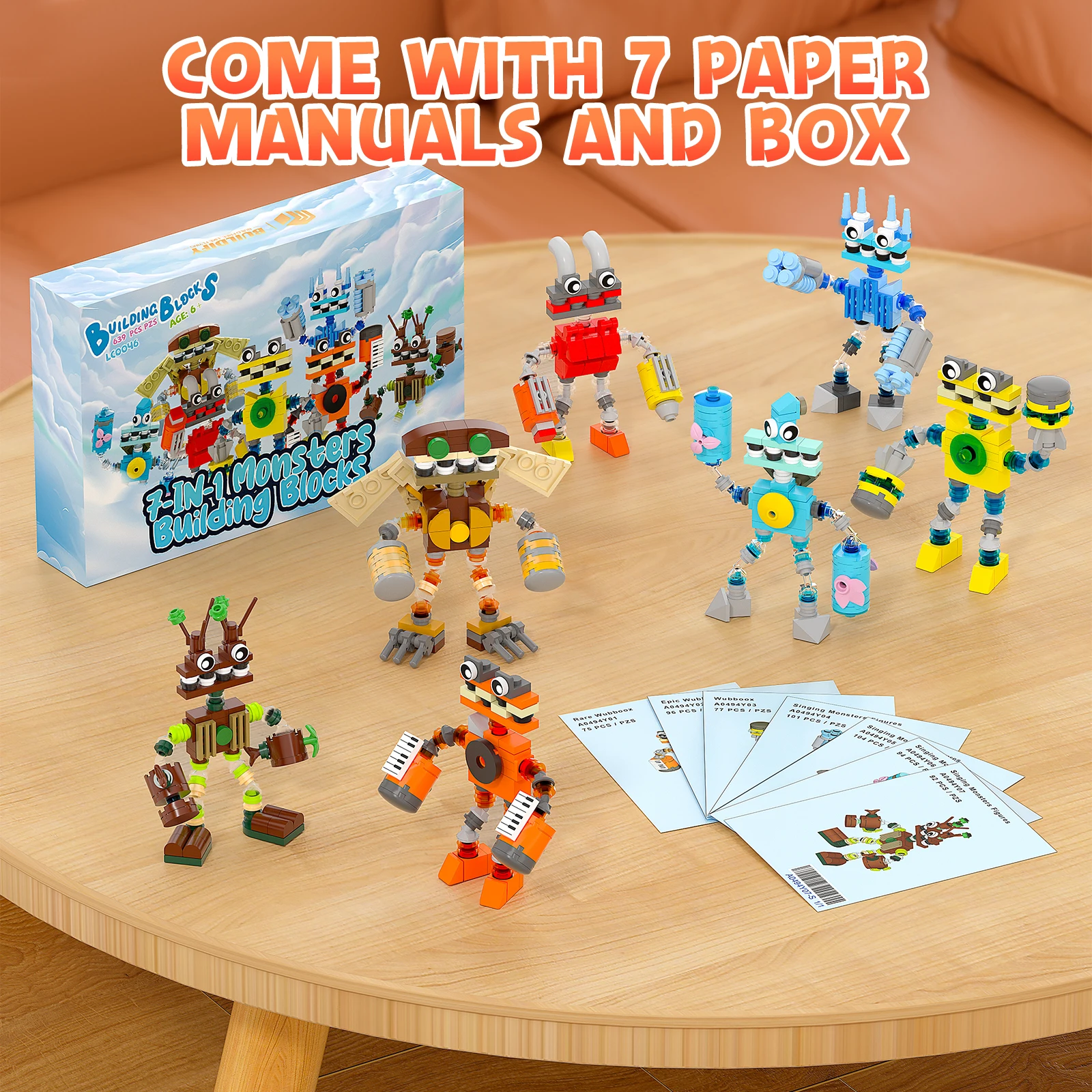 7-in-1 Monster Building Blocks Set | 639 PCS Music Game Action Figures | Buildable Toys for Boys, Girls, Ideal Gifts of kids