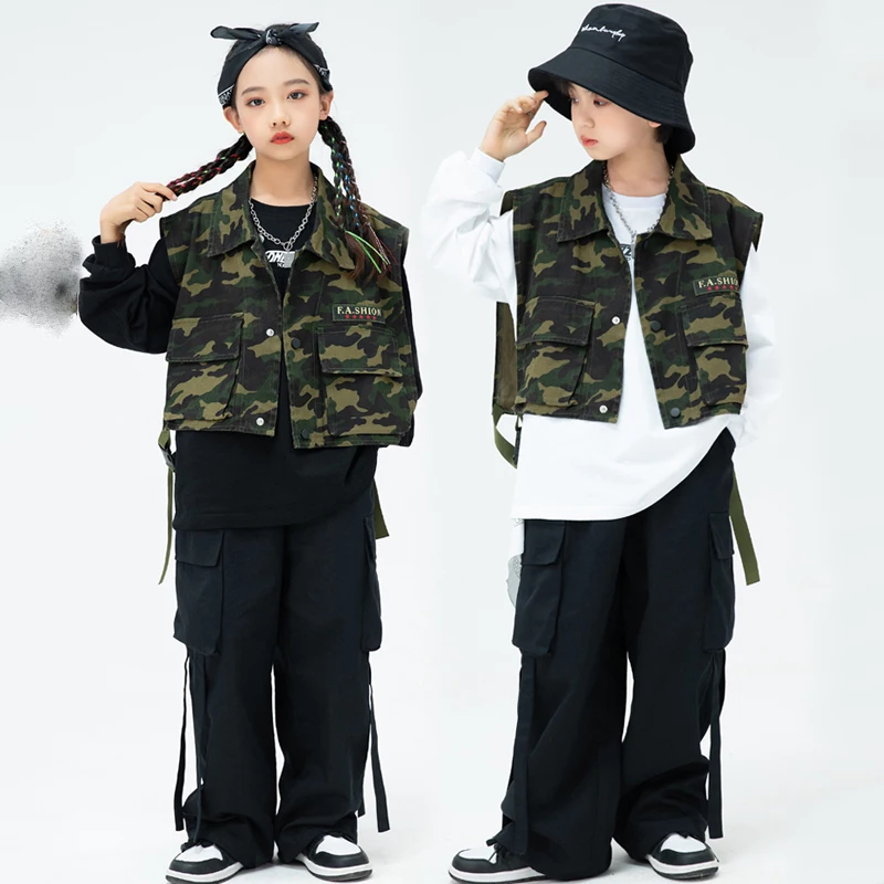 

Modern Jazz Dance Costumes For Girls Camouflage Vest Hiphop Pants Suit Boys Streetwear Hip Hop Dancing Rave Clothes DQS11975