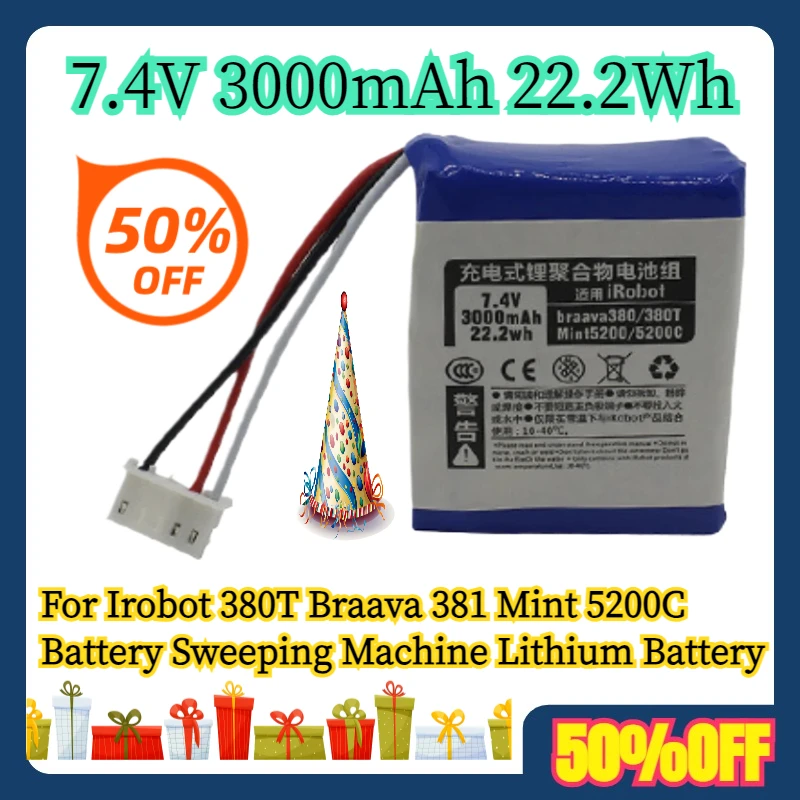 

For Irobot 380T Braava 381 Mint 5200C Battery Sweeping Machine Lithium Battery 7.4V 3000mAh 22.2Wh