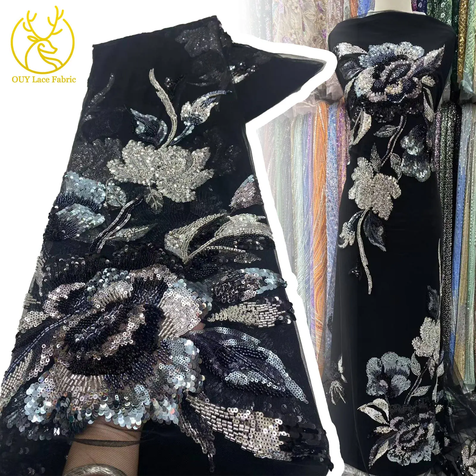 

Luxury African Beaded Lace Fabric 2025 Premium Nigerian French Women's Sequin Tulle Lace Fabric Party Evening Dress Fabrics