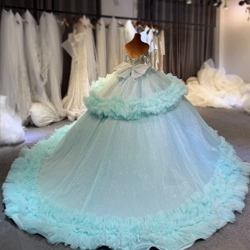 فساتين Quinceanera لامعة باللون الأزرق المائي قبالة الكتف مطرز بفيونكة كريستالية متدرجة من التل مشد حفلة عيد ميلاد حلو 16 فستان #4