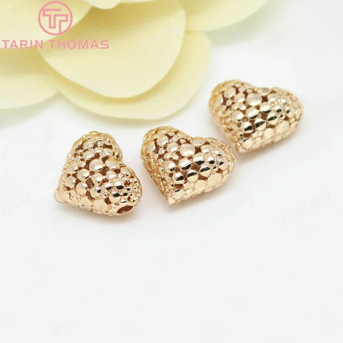 (2818)4PCS 12.5x14MM 24K Gold Color Plated Brass Heart Spacer Beads Bracelet Beads High Quality Jewelry Accessories