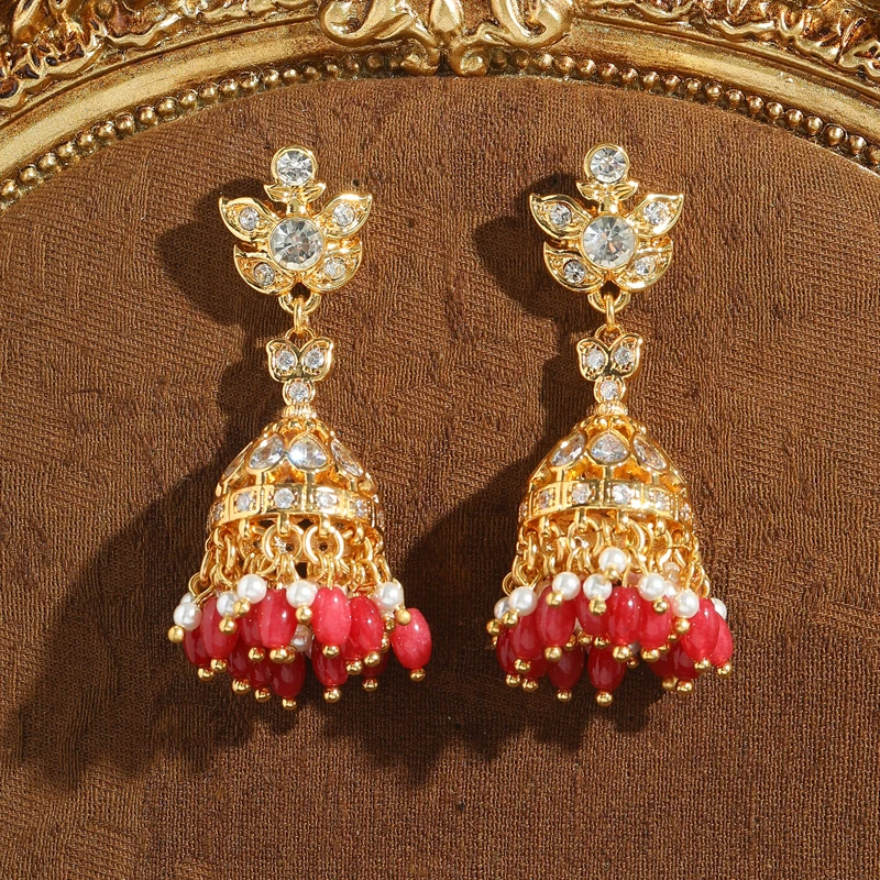 

Vintage Long Tassel Natural Stone Pink Drop Earring Gold Color Pearl And Crystal Palace Charm Chinese Style Festival Jewelry New
