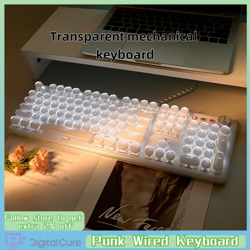 2024 104 Key Punk Wired Keyboard Valentine Crystal Mechanical Keyboard High Appearance Level Full Transparent Office Game