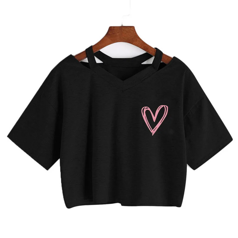 Damen Kurzarm Crop Top T-Shirt mit Kordelzug Grafik-T-Shirt Modisches T-Shirt Sexy Crop Top mit Herz-Print Kleidung