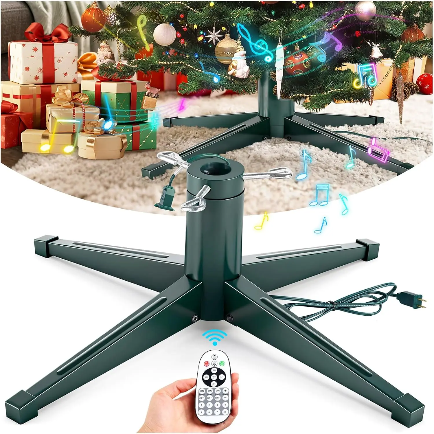 Suporte giratório musical para árvore de Natal, 360 °   Girando com controle remoto, luz e música, cabe em árvores de até 8 pés
