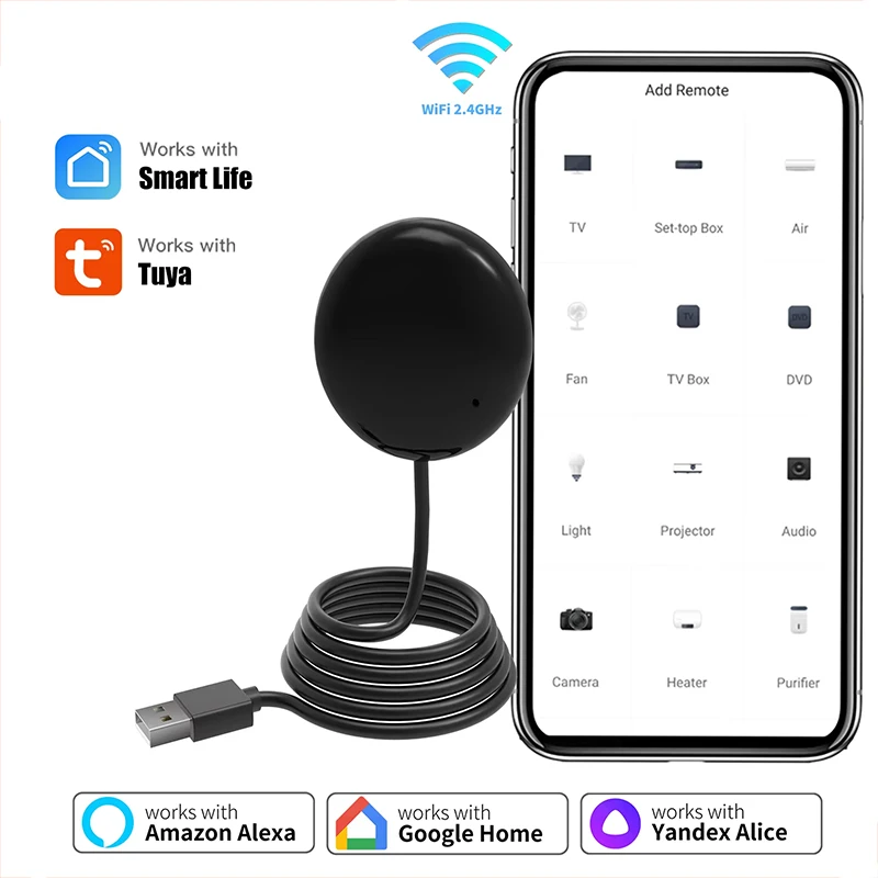 Control Remoto IR WiFi Inteligente Tuya para el Hogar Inteligente, Control Remoto por Aplicación para TV, DVD, AUD, AC, Compatible con Alexa, Google, Yandex, Alice