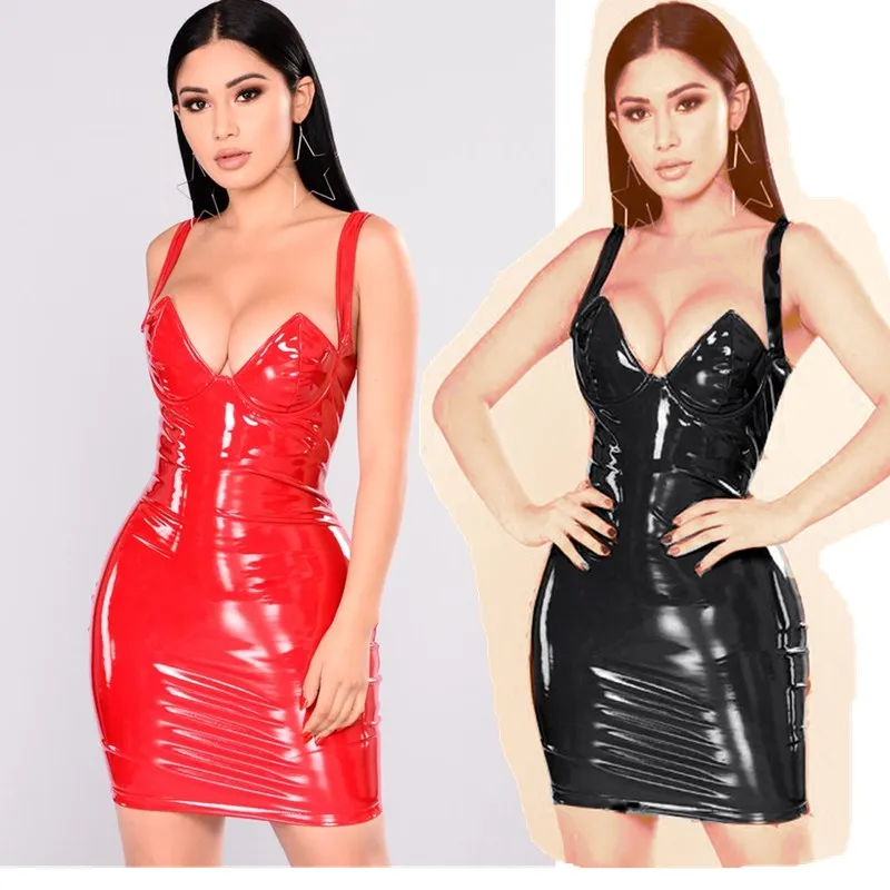 

Women Dresses Sexy Bra Style PVC Wet Look Mini Dress Sleeveless Leather New Bodycon Clubwear Dress