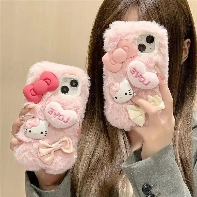 

New Sanrio Furry 3D Bow Hello Kitty Plush Phone Case For iPhone 15 14 13 12 11 Pro Max Mini XR XS MAX 8 X XS 7 SE P Cover Gifs