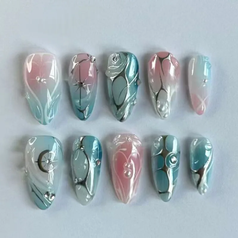 

24pcs Lines Starlight Press on Nails Sets Pearl Rhinestone Blush Wearable Long Almond False Nail Art Gradient Blue Fake Nail Tip