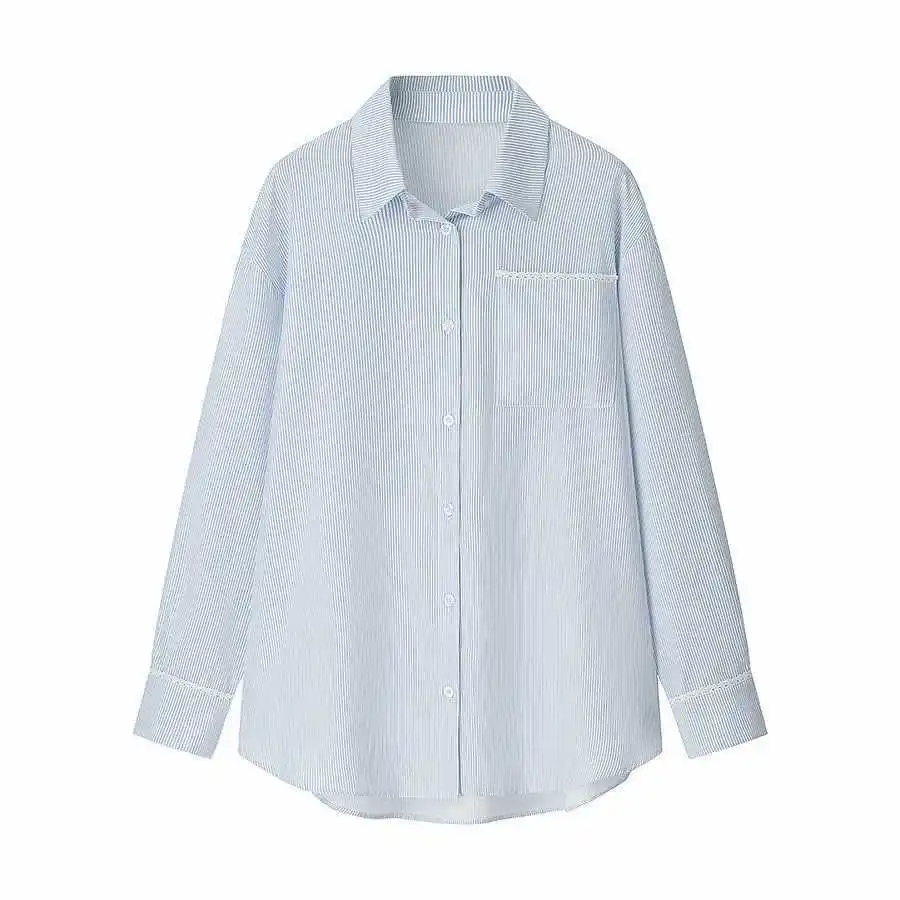 

Lace Patchwork Striped Shirt Women Summer Long Sleeve Lapel Fashion Loose Shirts Blouses Female Casual Tops Streetwear 2025