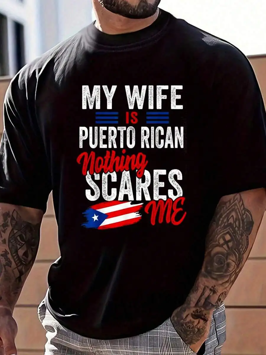 100% Cotton My Wife Is Puerto Rican Puerto Rico Heritage Flag Souvenir T-Shirt Men's Graphic Tee Causal Tops Fashion Tshirt Shor