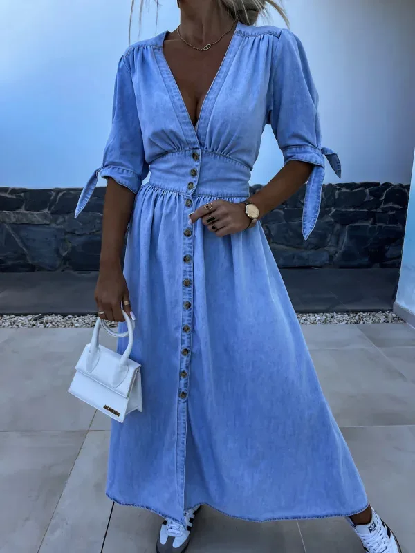 Fashionable Denim Dress V-Neck Short Sleeve Jean Dress Buttoned Front Maxi-Length Denim Gown Loose Fit Summer Denim Dress