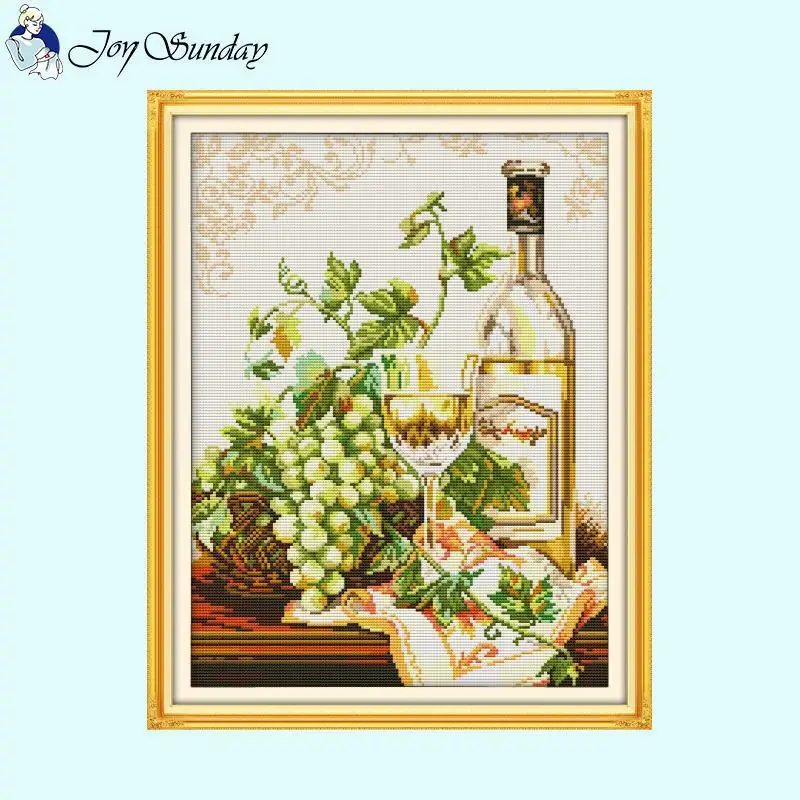 Wine Bottle Series Pattern Joy Sunday Cross Stitch Kits 14ct 16ct 11ct White Fabric Printed Embroidery Set DIY Home Decor Crafts