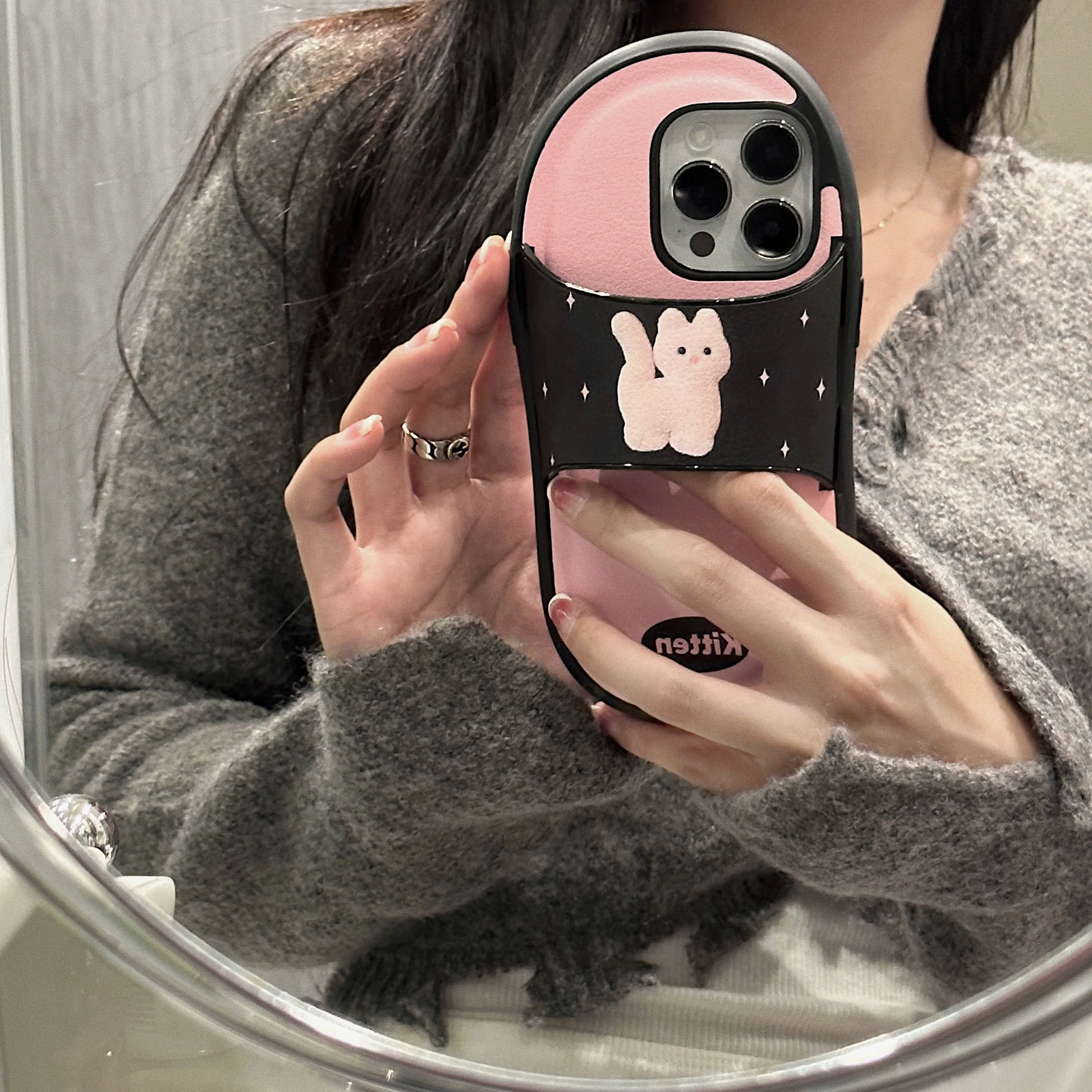 Korean INS Funny Pink Kitty Leather Slipper Case for iPhone 15 14 13 Pro Max Back Phone Cover for 12 11 X XR Xs 7 8 SE2020 Funda