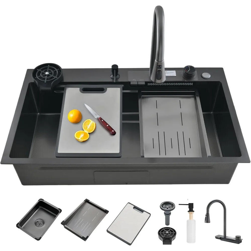 حوض المطبخ 34 بوصة وعاء واحد من الفولاذ المقاوم للصدأ حوض مطبخ متعدد الوظائف مع صنبور 2 في 1 وملحقاتها