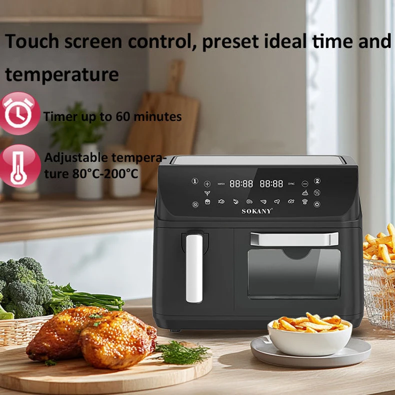 مقلاة هوائية جديدة ذات منطقة مزدوجة سلة مزدوجة سعة 12.5 لتر أجهزة تحكم رقمية 2400 وات فرن حراري نوافذ مرئية مع 10 إعداد مسبق للطهي