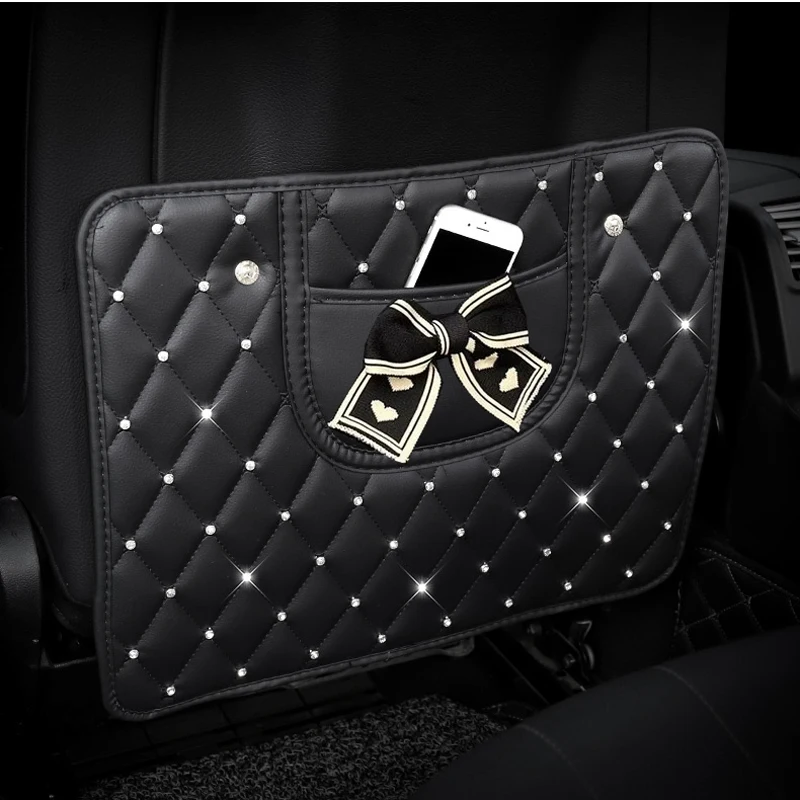 Rhinestones Leather Car Seat Back Cover Protector Crystal Auto Anti-kick Pad Wear-proof Mat Anti-Dirty Mat For Children