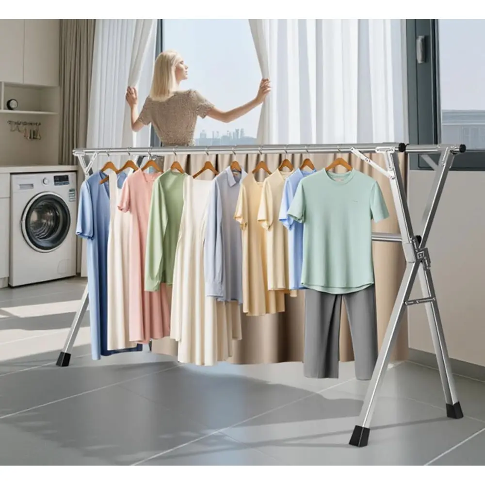 Stainless Steel Folding Clothes Drying Rack - 95 Heavy-Duty, Outdoor & Indoor, Anti-Rust, 20 Windproof Hooks, Portable Laundry R