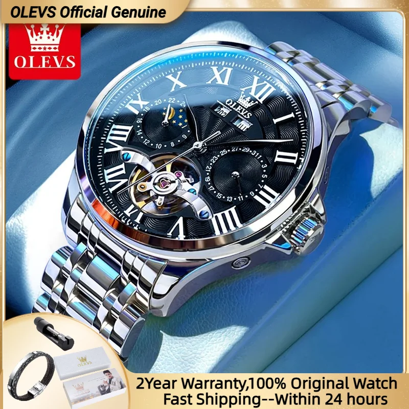 

Мужские автоматические часы OLEVS 7013 с открытым механизмом, из нержавеющей стали, водонепроницаемые, люксовый бренд, оригинальные, многофункциональные.
