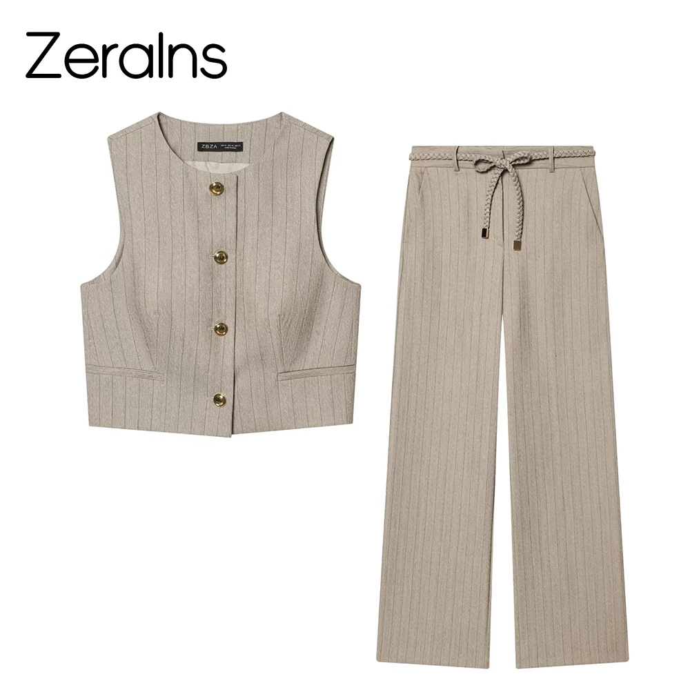 ZERAINS European and American style women's clothing new fashion round neck herringbone diagonal short vest and pants set