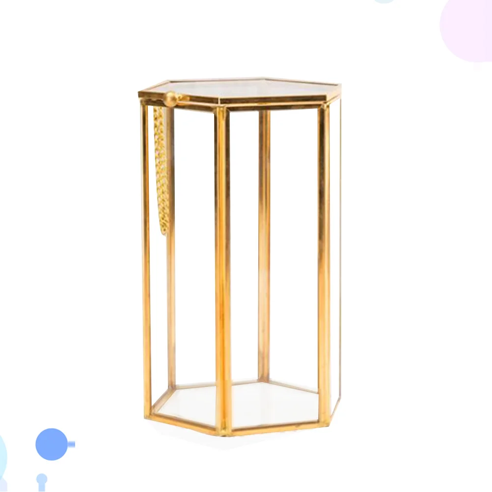 육각형 메이크업 정리함, 구리 프레임, 골드 투명 유리 브러쉬 홀더, 화장대 정리, 깔끔함, 레트로