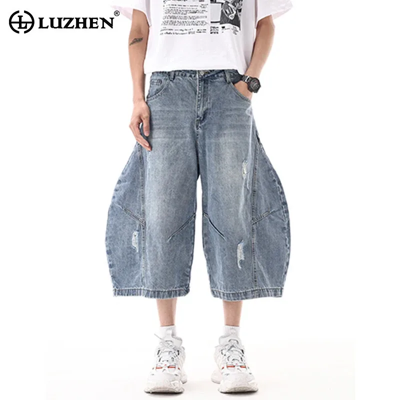 

LUZHEN Trendy Original Personalized Wide Leg Loose Denim Cropped Pants Men 2025 Summer High Quality Street Casual Shorts JY2086