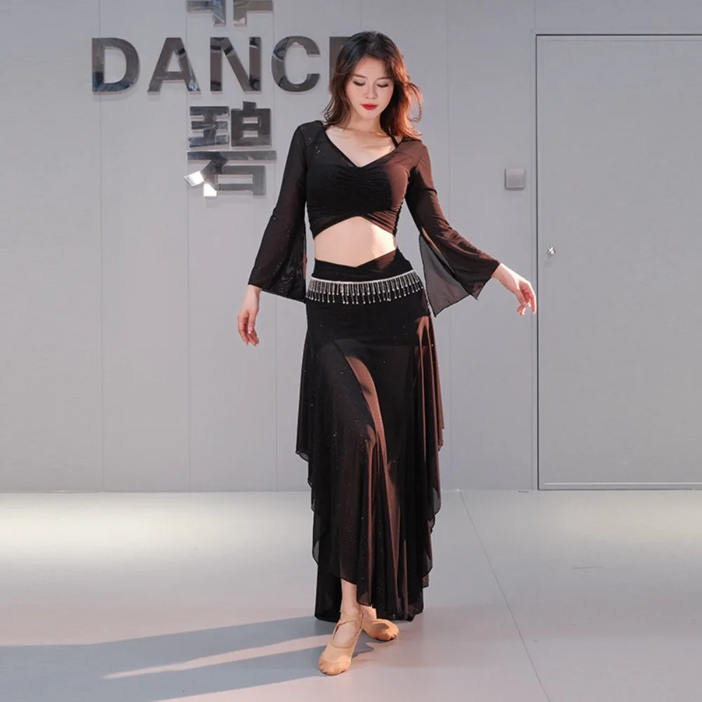 

Комплект для практики танца живота, струящийся шифоновый топ и сетчатая юбка, костюм для восточного танца живота