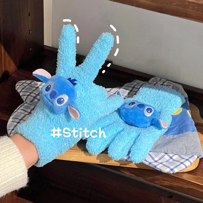 Disney Stitch Cotton Gloves Cartoon Anime Figures Cute Doll Coral Velvet Full Finger Glove Thicken Winter Warm Girls Boys Gifts