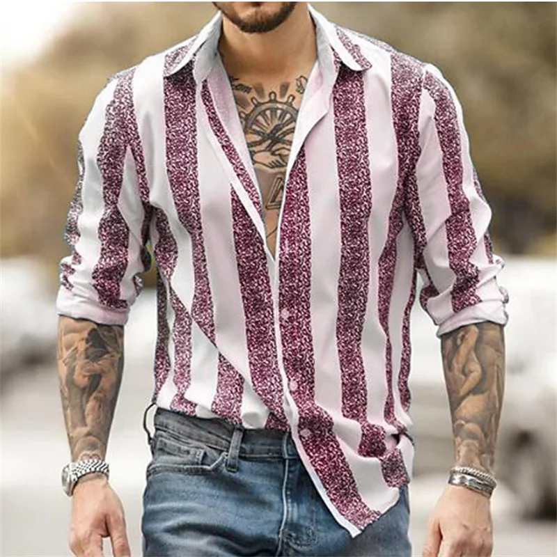 Fashion Summer Men\'s Shirt Button Up Top Black Pink Blue Long Sleeve Striped Lapel Shirt Street Daily Clothes Casual Comfortable