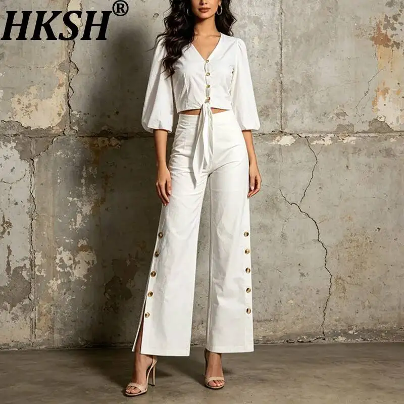 

HKSH Women Sets Tide Casual Puff Sleeve Bandage Shirt Elegant Versatile Buttons Wide-Leg Pants Solid Color Two-Piece Set HK24600