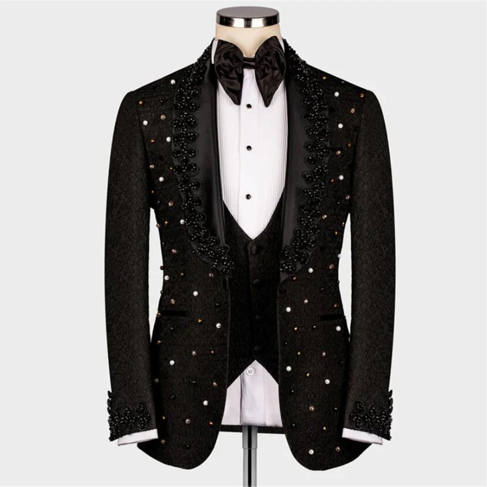 Groom Tuxedo Formal Wedding Suits Luxury Crystals Jewelried Jacquard Jacket Vest Pants 3 Pieces Formal Prom Beading Blazer Set