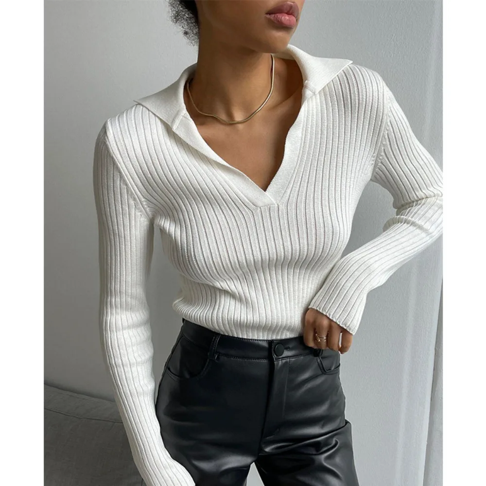 Women's Pullover Knitted Sweater POLO Collar Temperament Commuting Slim Fit Pit Stripe Base Autumn and Winter New Style