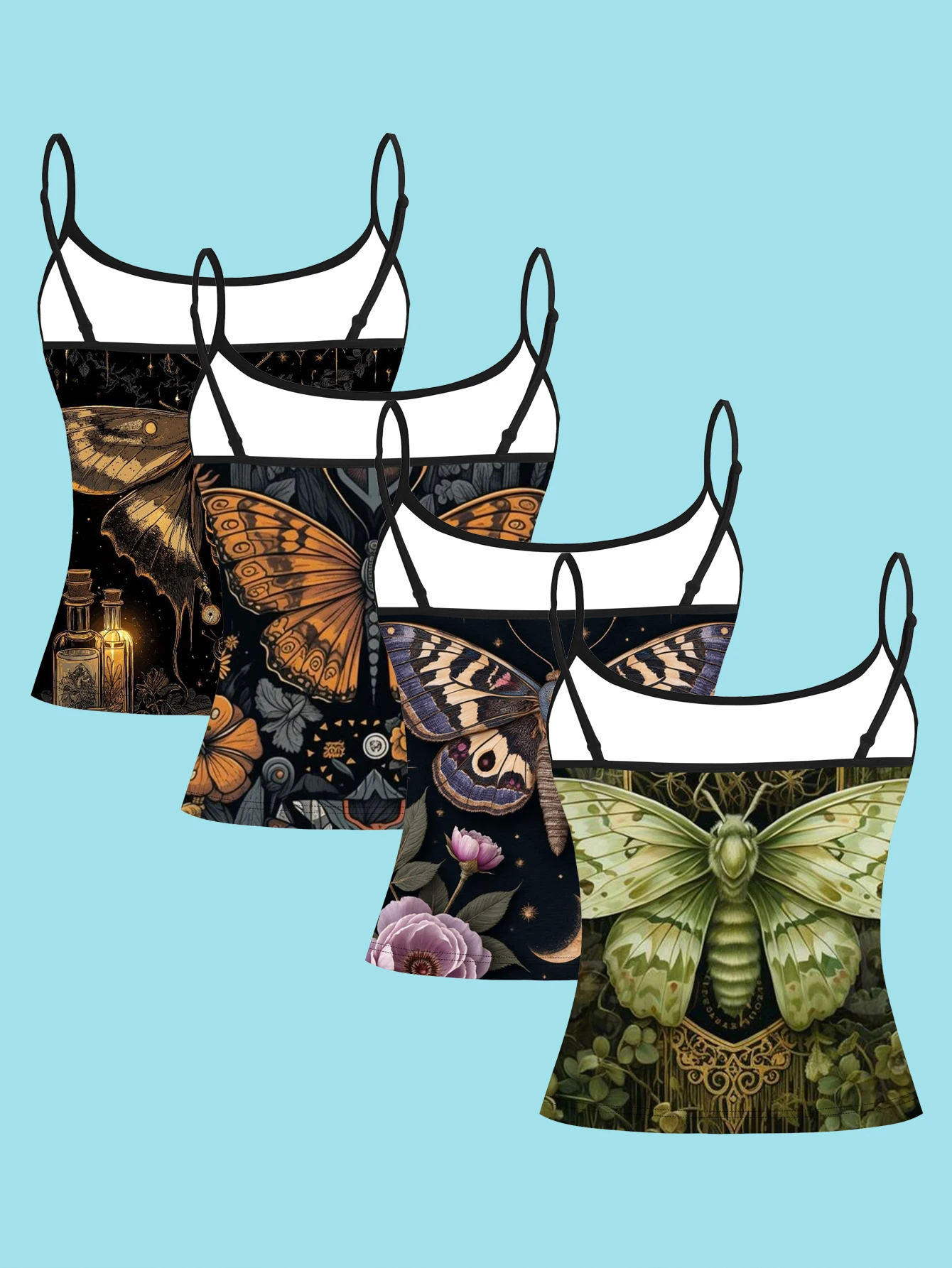 4-Piece Set of Vintage Dark Moths, Butterflies, Floral, and Star-Moon Print Camisoles for Women, Gothic Mysterious Forest Style Spaghetti Strap Waist-Cinching Slim-Fit Base Tops, Cross-Border Party Casual Outerwear Camisole