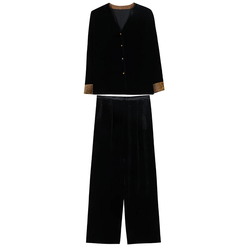 2024 Stripe Black velvet Pants Loose Sets Summer Batwing Sleeve Casual Two Pieces Sets Women Elegant Vintage Party Ladies Suits