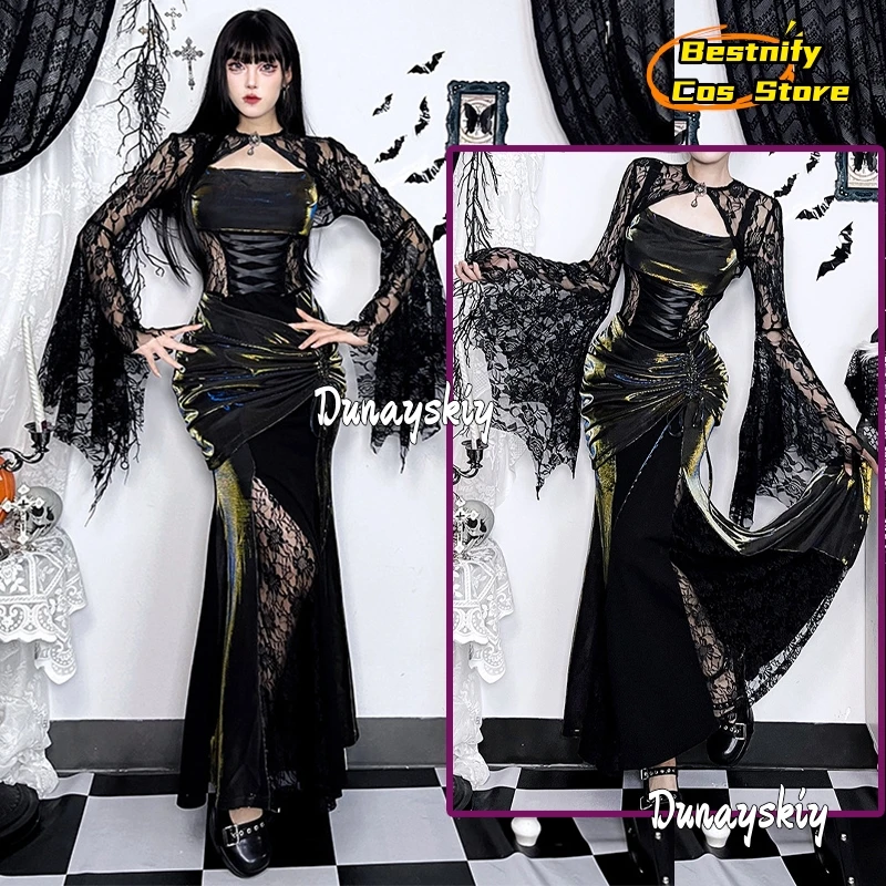 Vintage Sexy Flower Lace Dress Cospaly Costumes Mesh See Through Flared Sleeve Smock Goth Black Women's dresses Anime Role-play