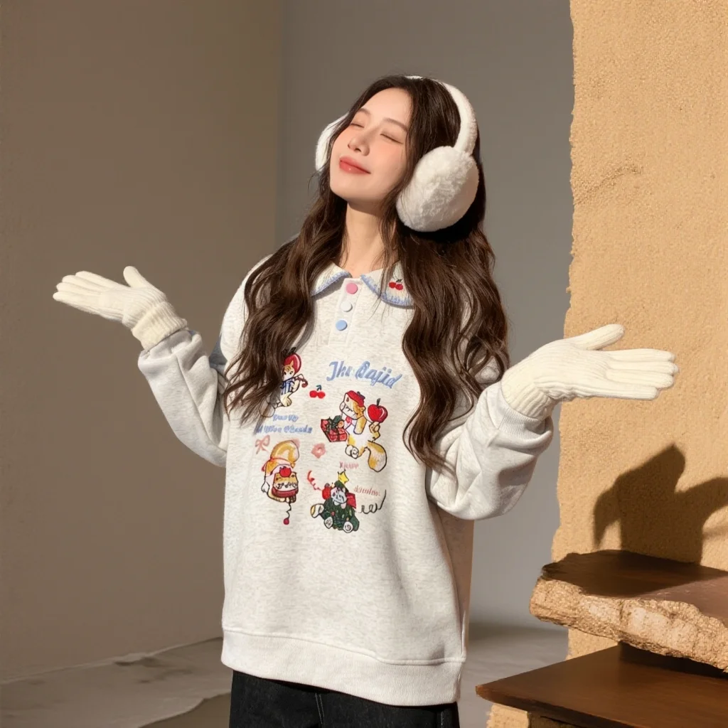 

Cute Ruffle Embroidered Faion Oversize Large Size Doll Collar Sweet Anti-Aging Trendy Sweatirt Casual Sle Long Sve